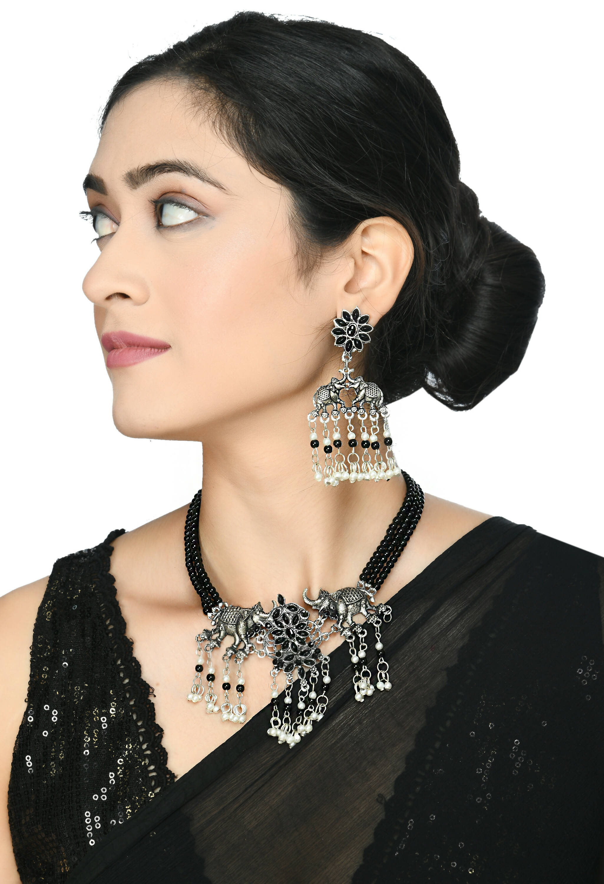 Elephant Design Oxidised Silver-Plated Long Choker (Black)