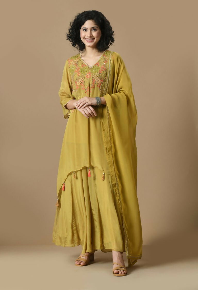 Elegant Mehendi colored 3-piece Chinnon kurta set with matching organza dupatta