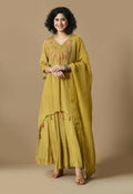 Elegant Mehendi colored 3-piece Chinnon kurta set with matching organza dupatta