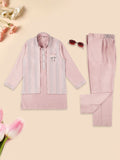 Boys pink kurta pyjama set with embroidery, sequence work, and a matching Nehru jacket
