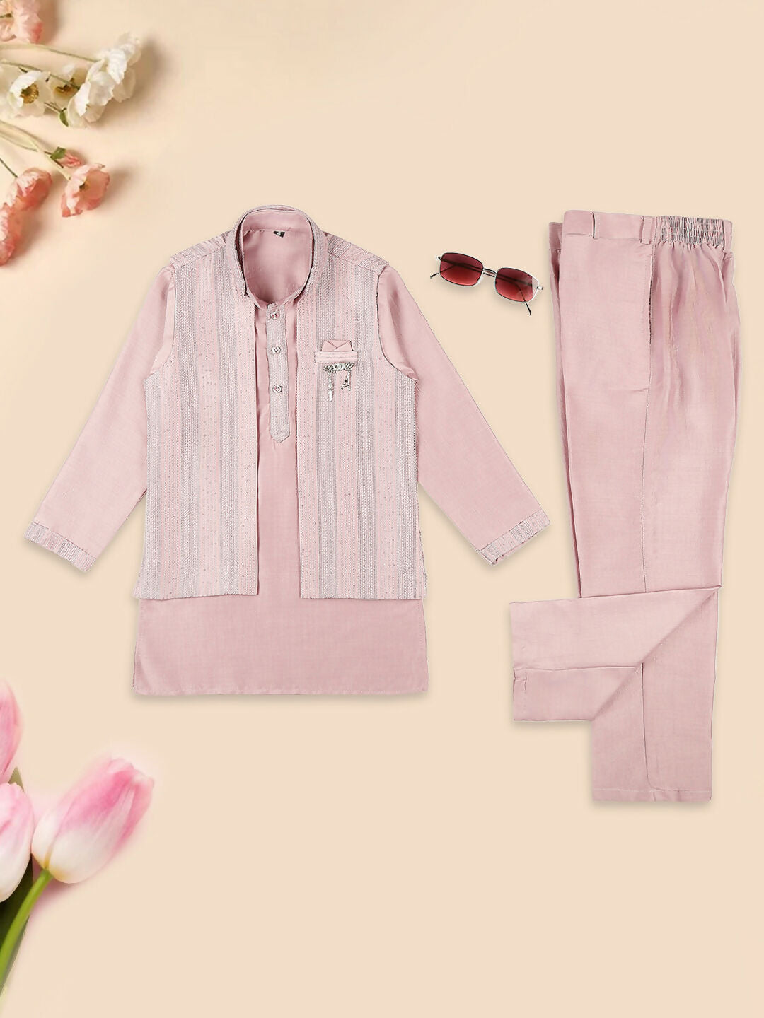 Boys pink kurta pyjama set with embroidery, sequence work, and a matching Nehru jacket