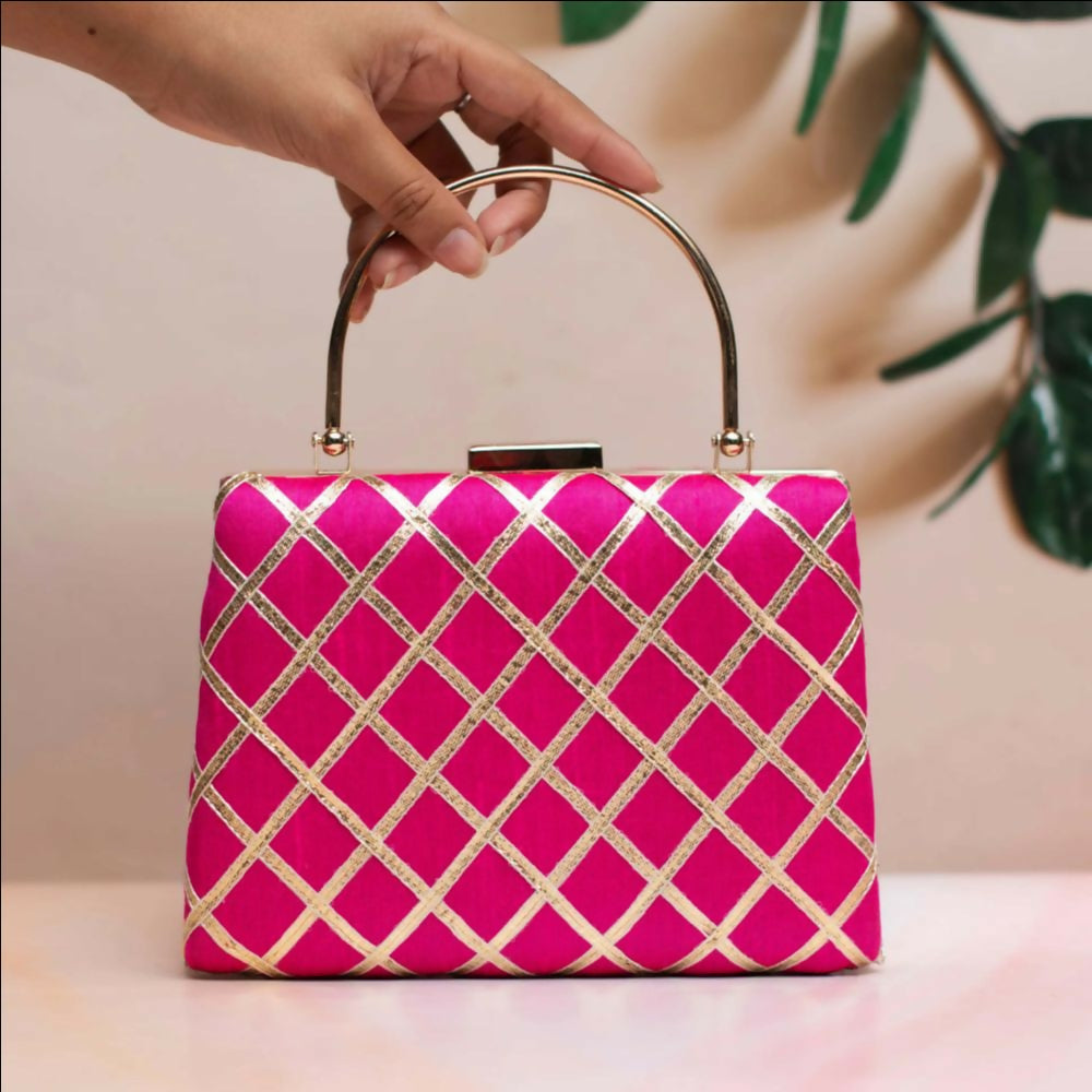 Pink Gota Patti embroidered synthetic fabric clutch for ethnic wear