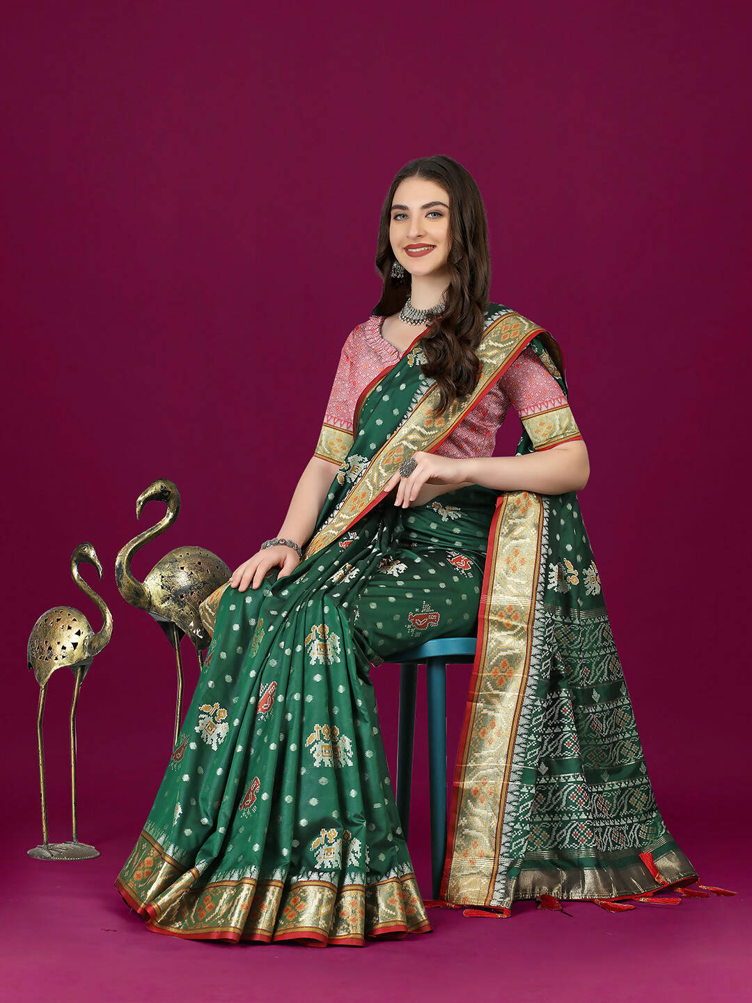 Green Patola Silk Saree with Zari Meenakari Woven Design