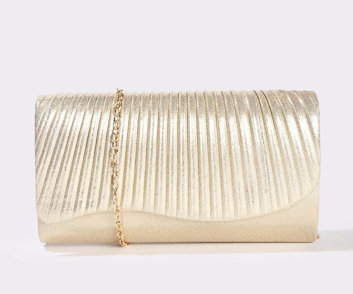 Women's glamorous golden envelope clutch with metallic chain strap for formal occasions