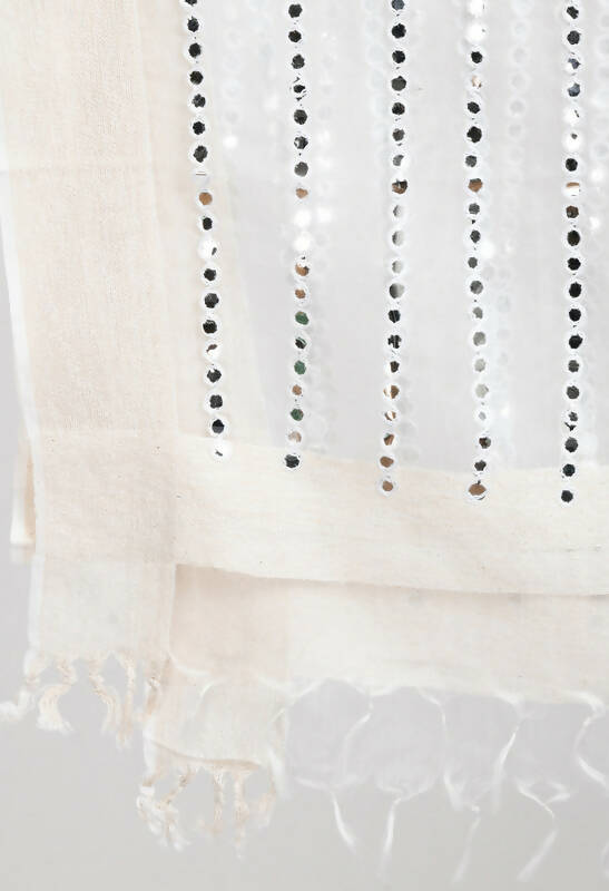 White Organza Dupatta with Mirror Stripe and Thread Work