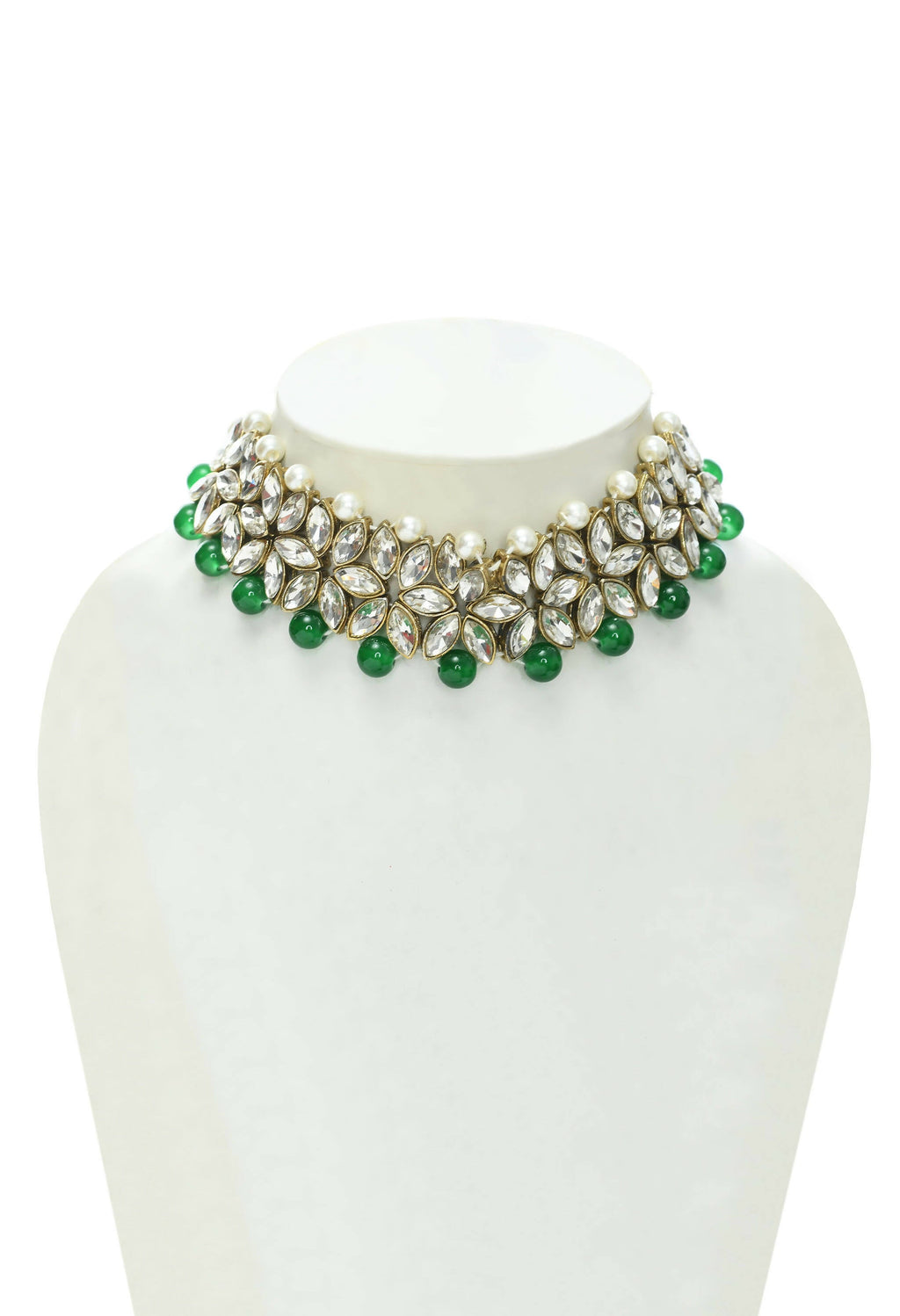 Johar Kamal Gold-Polished Rani Haar Necklace with Green & Off-White Pearls