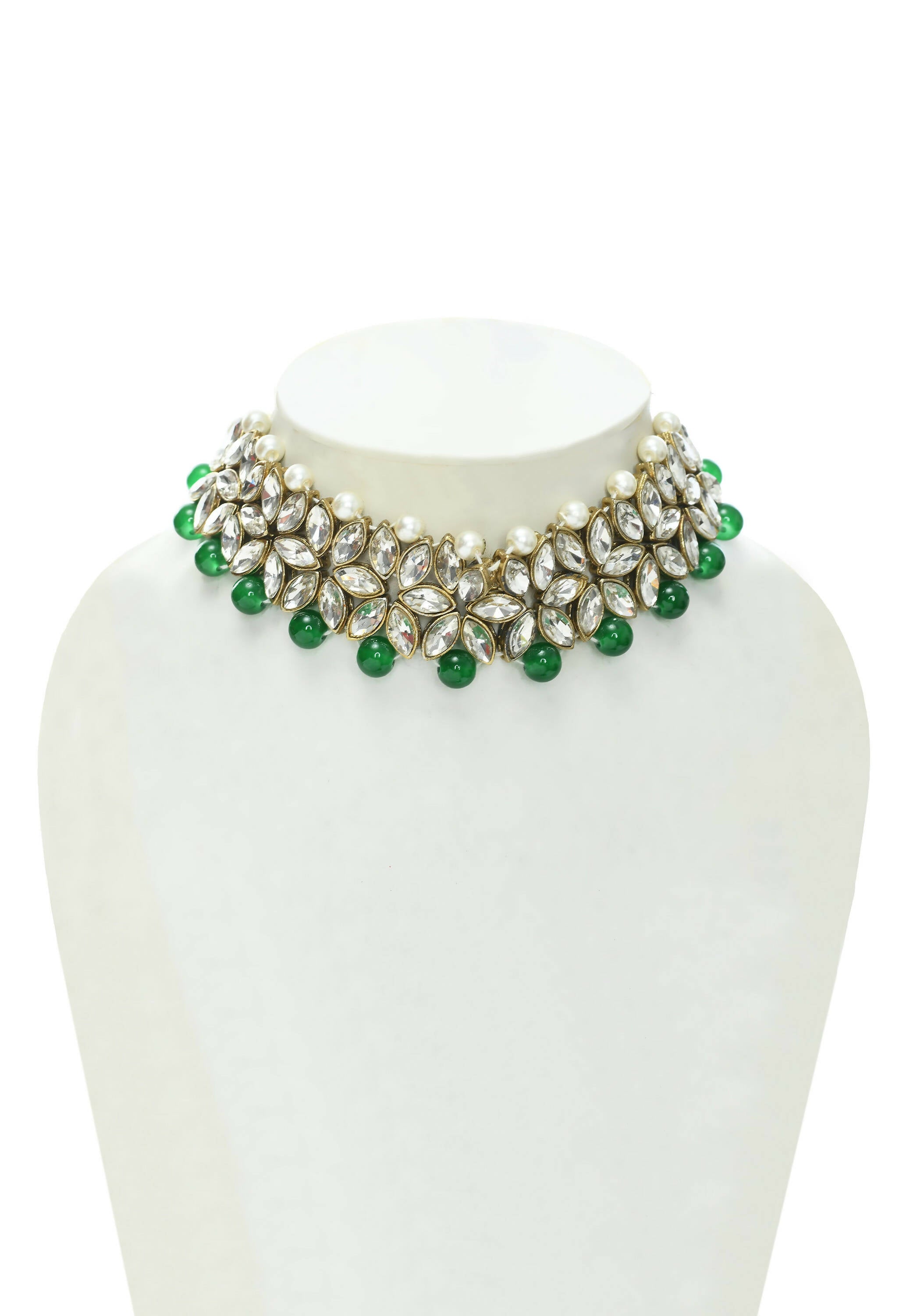Johar Kamal Gold-Polished Rani Haar Necklace with Green & Off-White Pearls