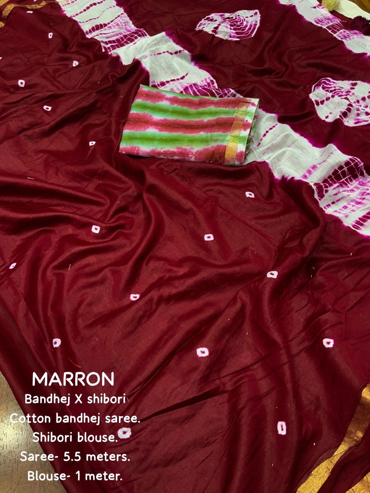 Maroon Chanderi Cotton Block Print Saree with Unstitched Blouse - Hiral Fashion