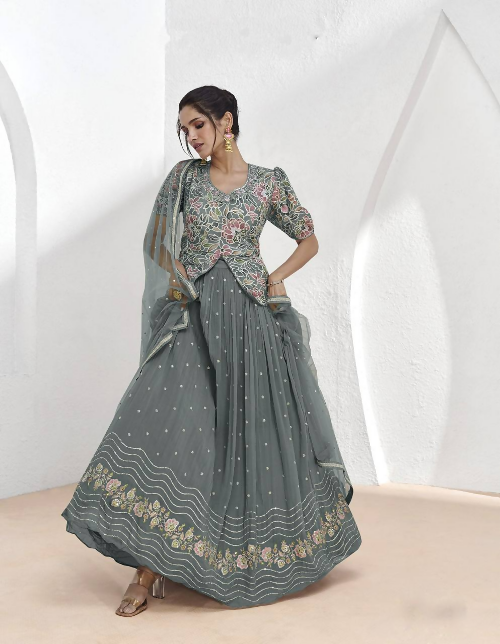 Grey faux georgette salwar lehenga with detailed embroidery and sequin work
