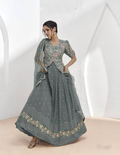 Grey faux georgette salwar lehenga with detailed embroidery and sequin work