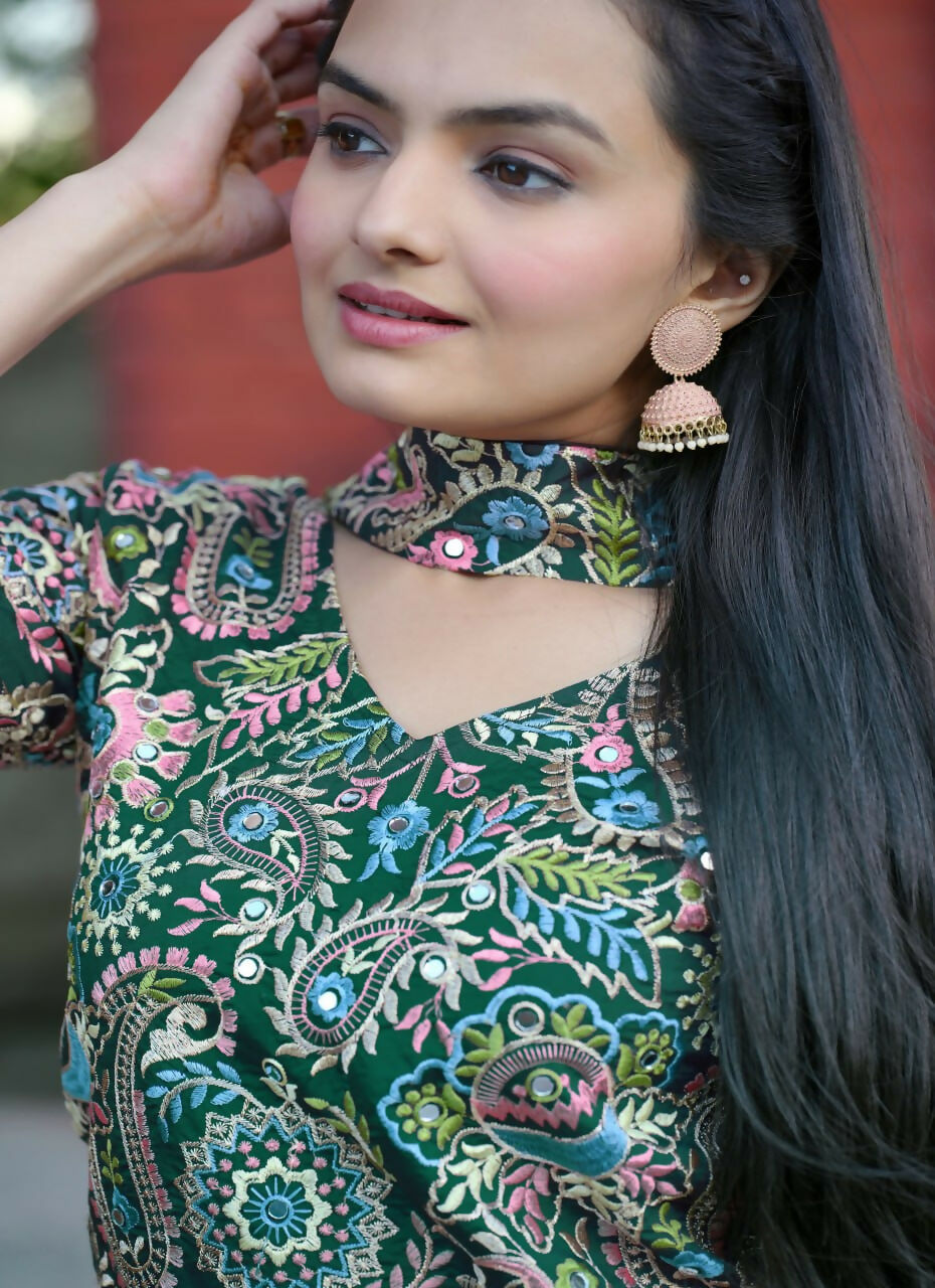 Green Silk Embroidered Sharara Set - Traditional Kurti Outfit