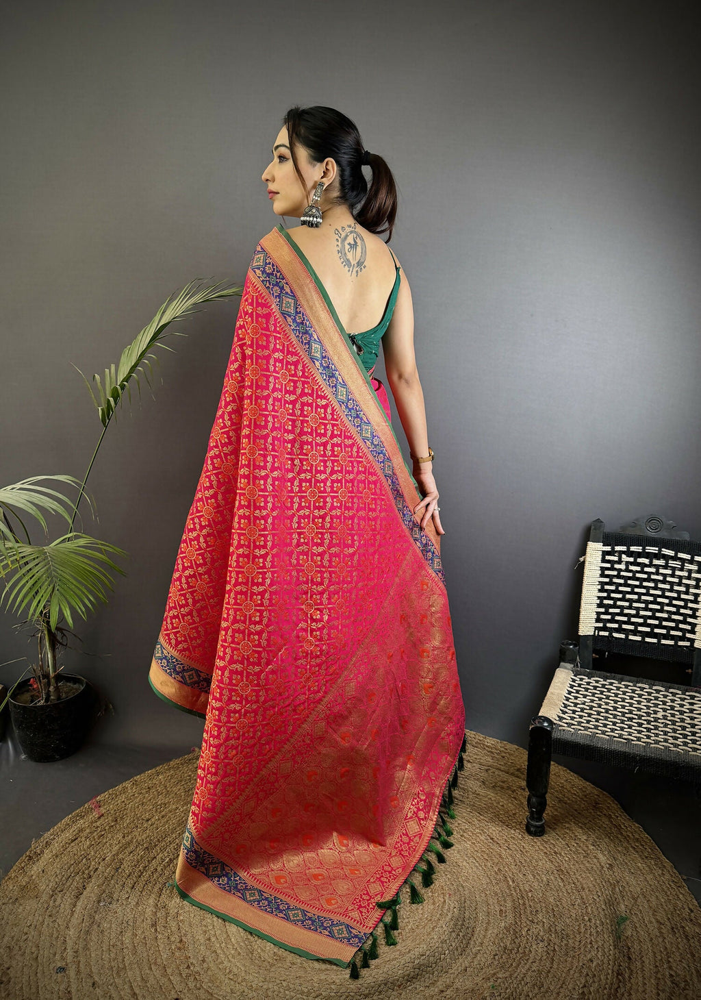 Hot Pink Patola Soft Silk Saree with Matching Blouse Piece