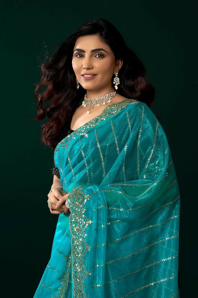 Turquoise Blue Net Party Wear Saree with Black Velvet Blouse