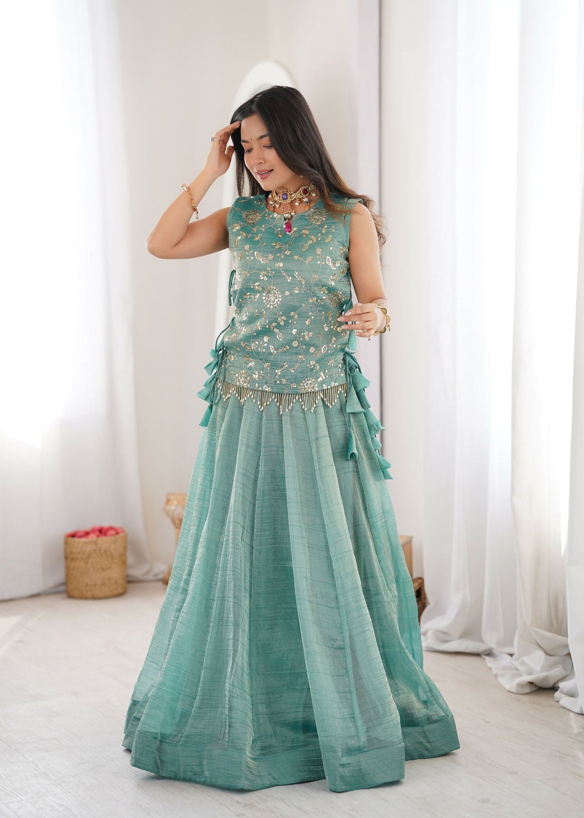 Skyblue salsa crush lehenga choli with matching koti