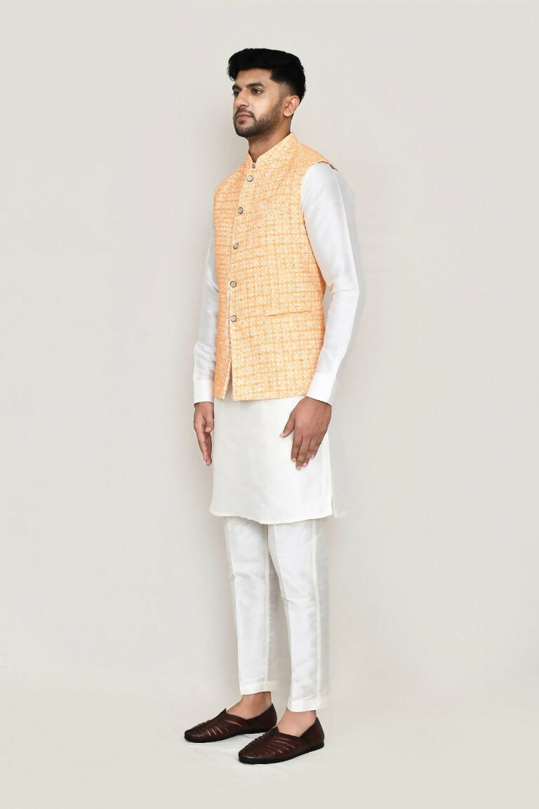 White Art Silk Kurta Set with Designer Jacket and Straight Pants