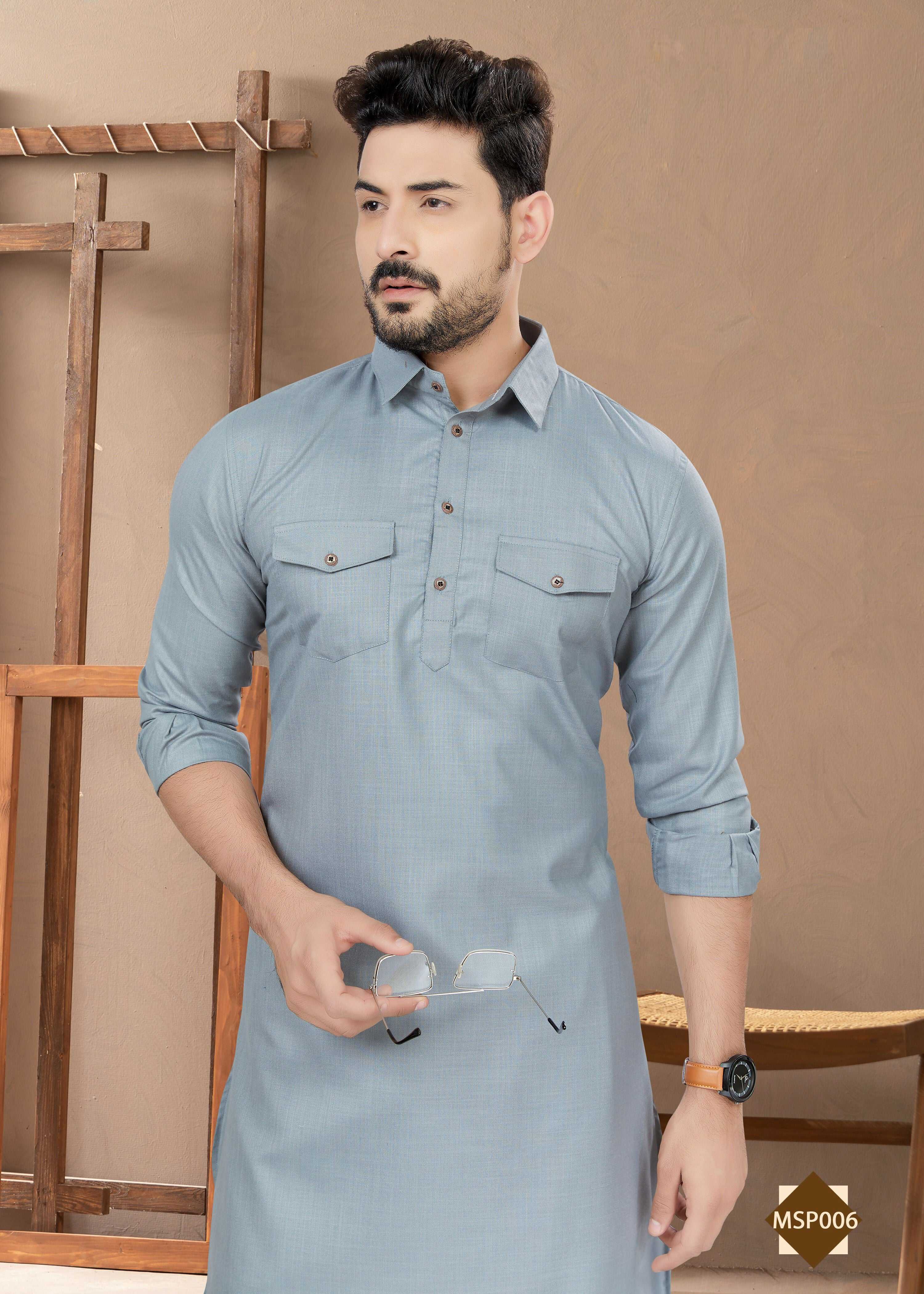Men's Grey Heavy Cotton Plain Kurta Pyjama Set - Traditional Wear