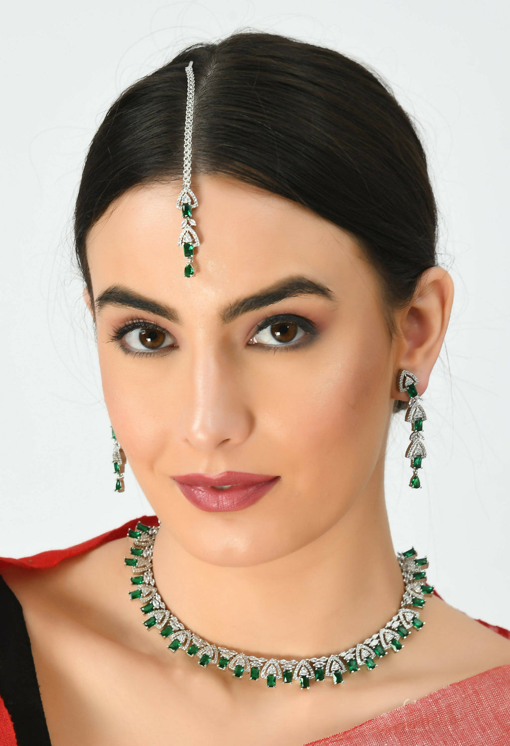 Silver-Plated American Diamond Green Choker Necklace Set