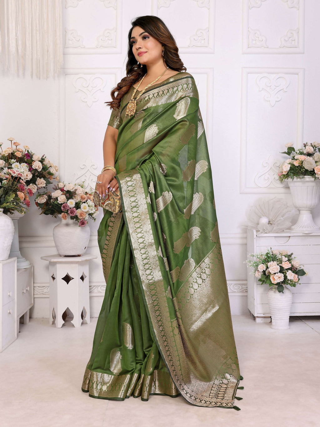 Mehndi Soft Organza Silk Saree with Intricate Weaving