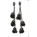 Long black pearl hanging jhumka earrings with decorative chain details