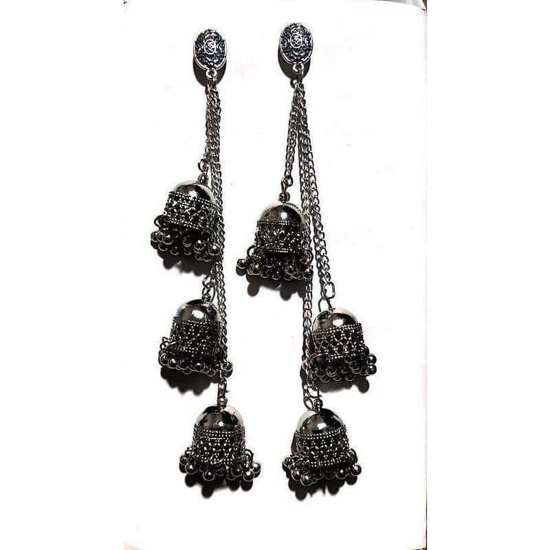 Long black pearl hanging jhumka earrings with decorative chain details