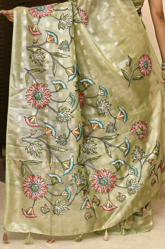 Green Tissue Saree with Zari Buti and Contrast Blouse