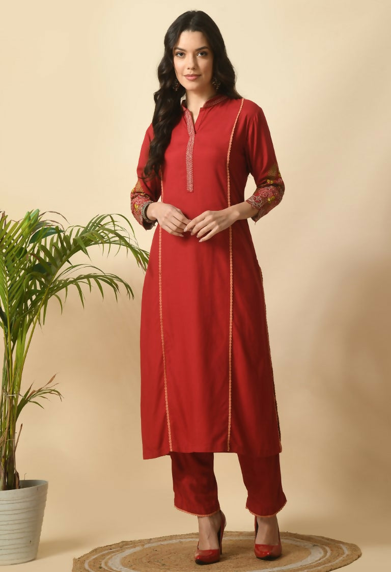 Elegant maroon cotton-rayon 2-piece kurta set