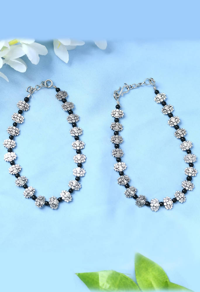 Oxidised Silver Anklets with Black Beads