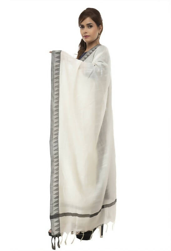 Off White Cotton Dupatta with Black Temple Border