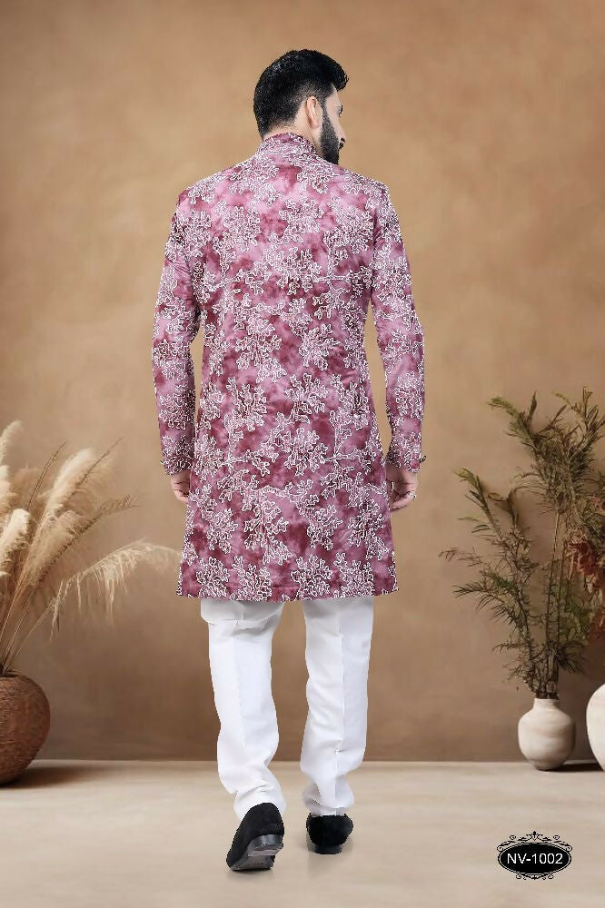 Men's Pink Suede Indo-Western Kurta Set with Sequence Embroidery