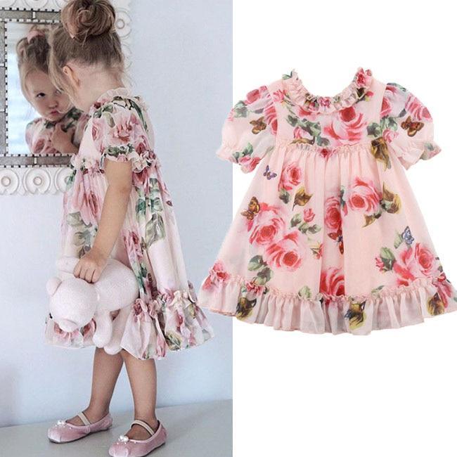 Baby girl's floral A-line dress with delicate lace ruffle sleeves