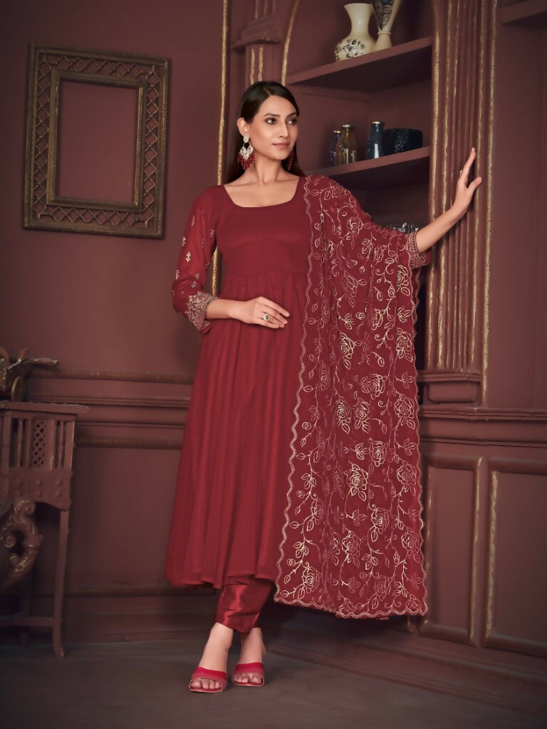 Women's Maroon Georgette Embroidered Anarkali Kurta Pant Set
