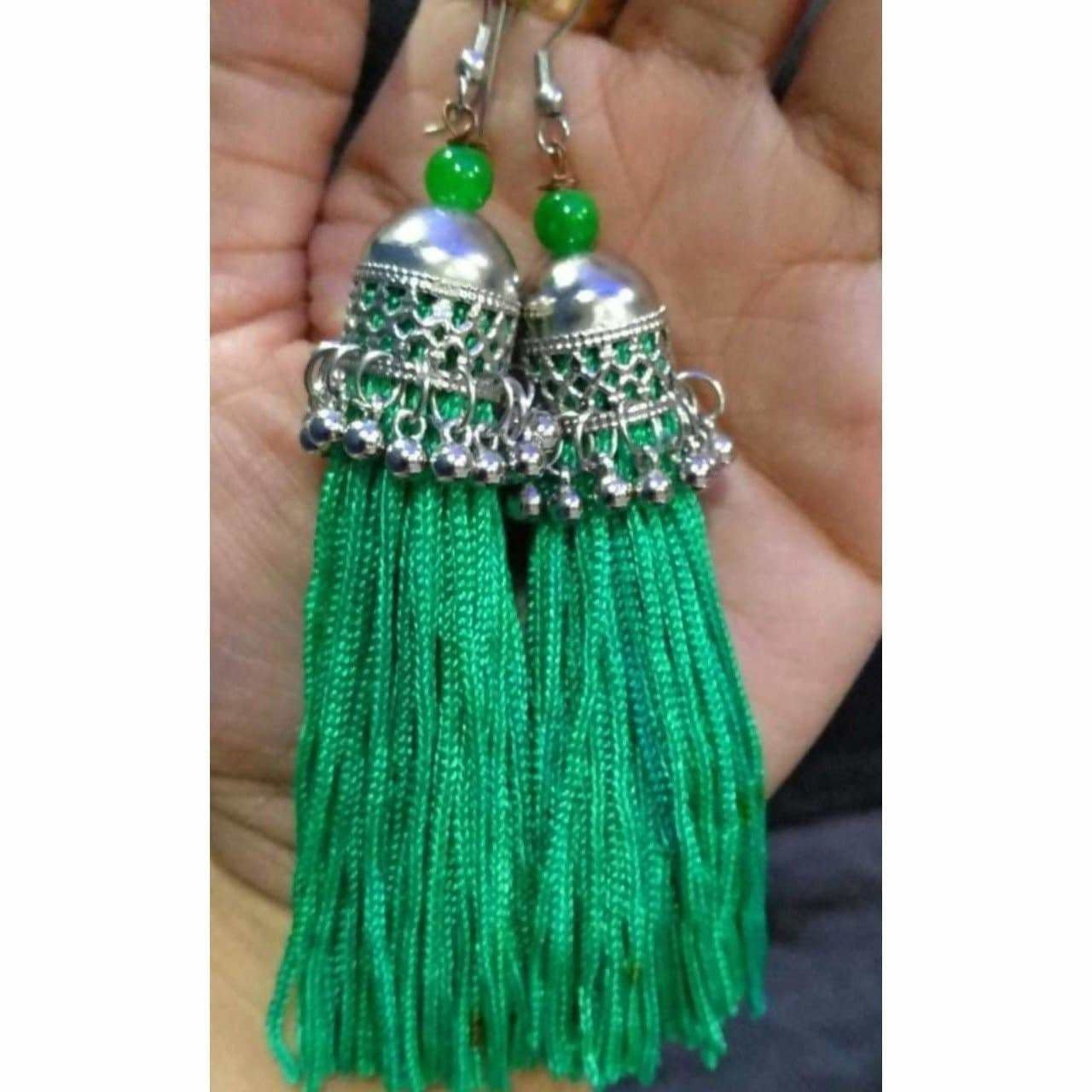 Latest fashion green thread jhumka earrings featuring hanging threads and intricate traditional design