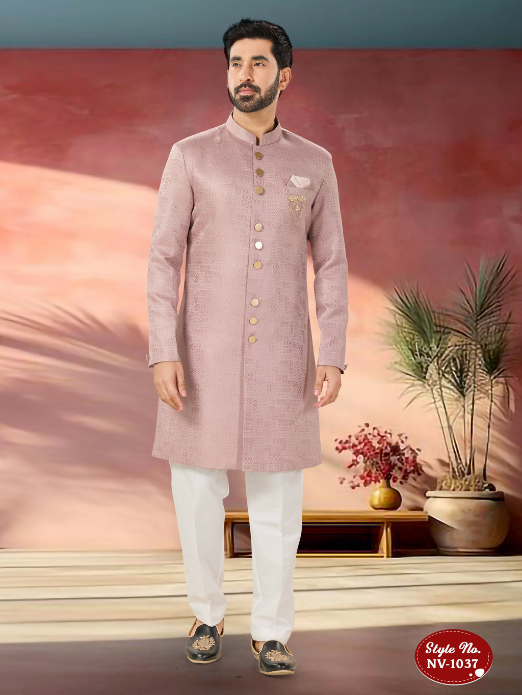 Men wearing a pink straight-cut Indo-Western kurta set with self-design fabric detail.