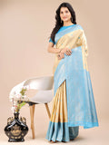 Cream and Sky Blue Banarasi silk saree with a matching blouse piece