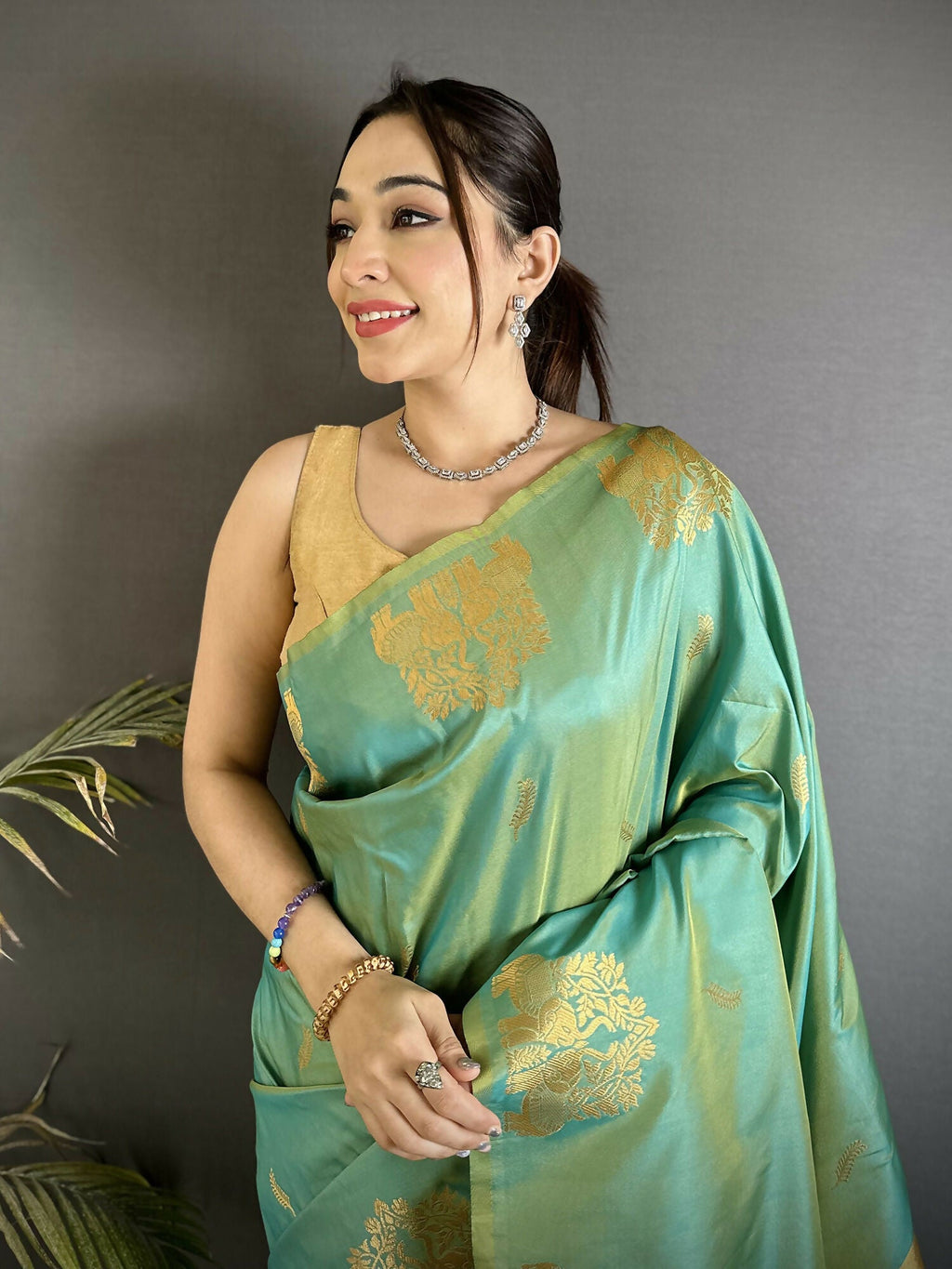 Sea Green Banarasi Saree in Soft Silk with Zari Motifs