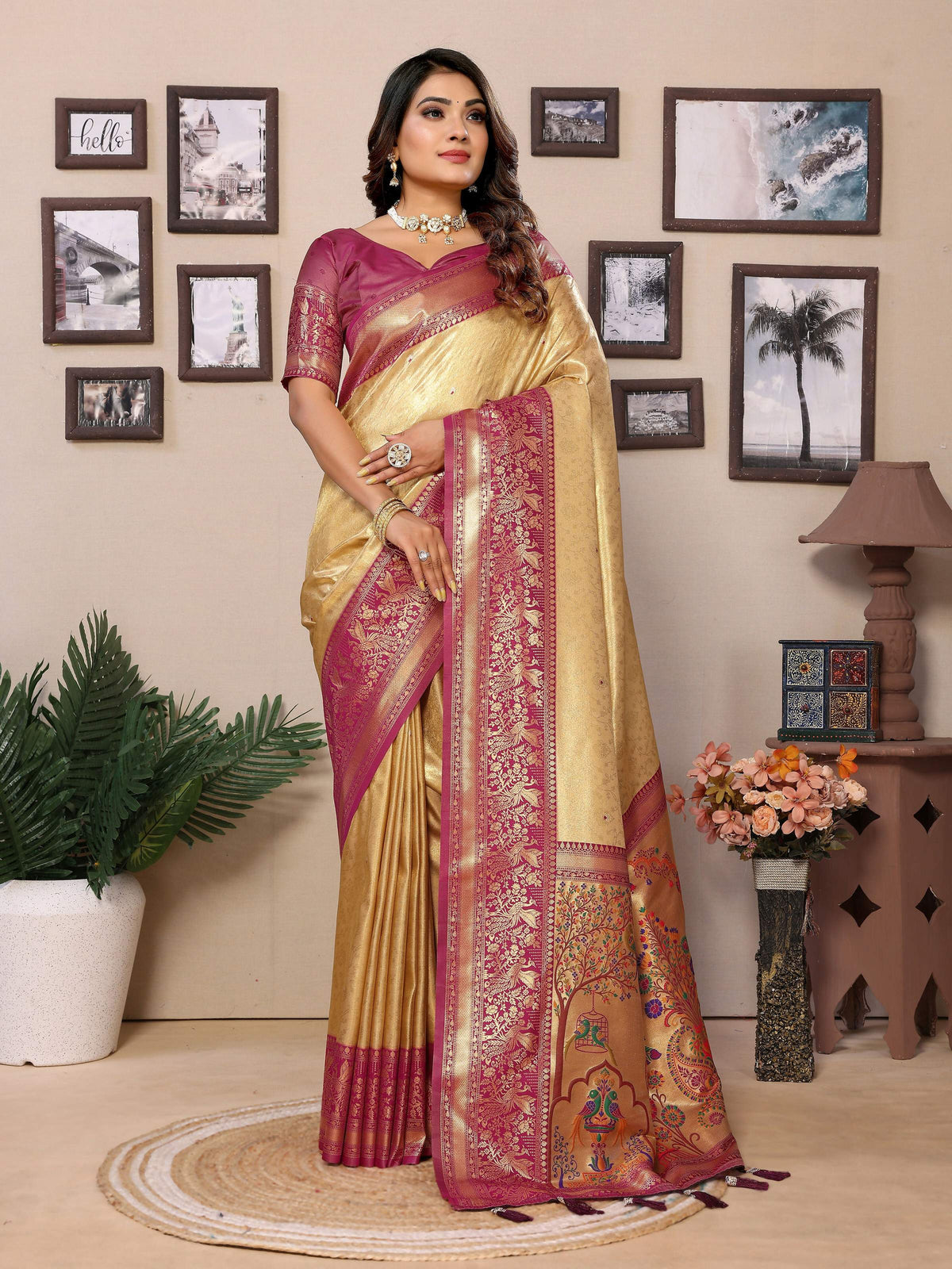 Classic Cream Tissue Silk Saree with woven detailing