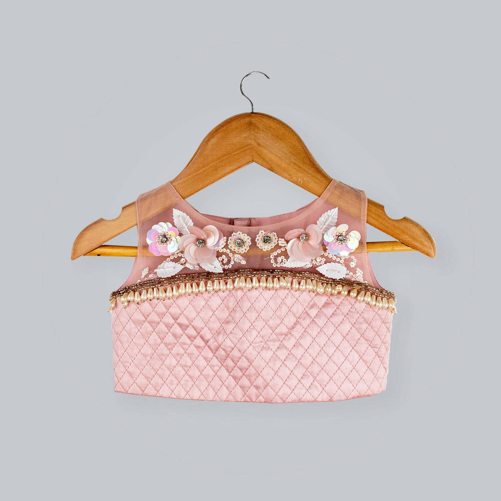 Old Rose Ghagra Choli with Floral Embellishments and Pearls