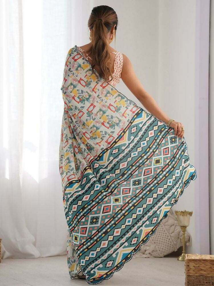 White Multi Georgette Digital Print Saree with Mirror Work