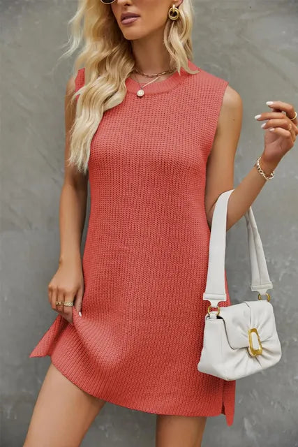 Women's Round Neck Sleeveless Knit Mini Dress with Side Slit - Image 9