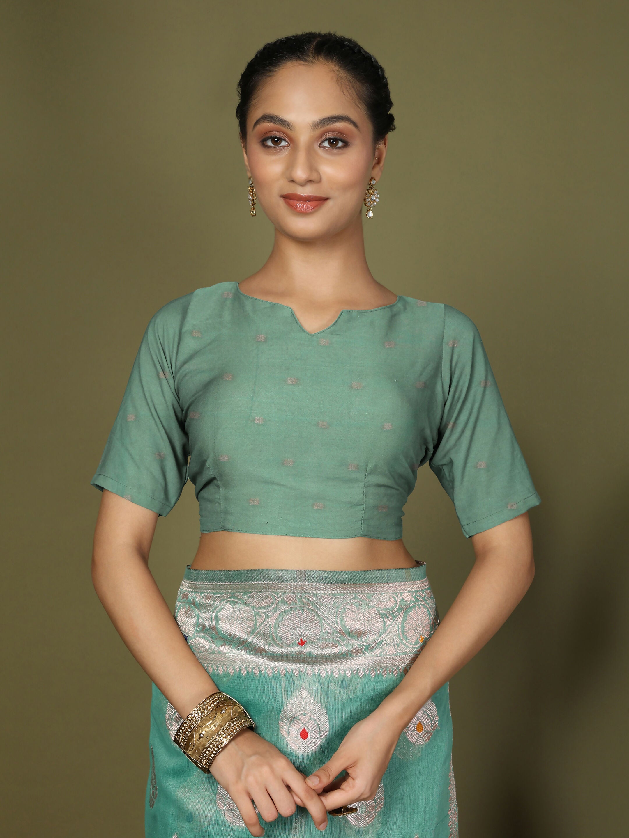 Rama Green Linen Cotton Saree with Matching Blouse Piece