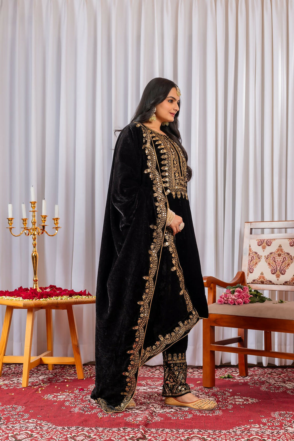 Black Velvet Kurta Set with Intricate Sequence Embroidery