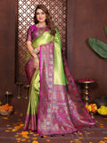 Green tissue silk saree with weaving details and a metallic sheen
