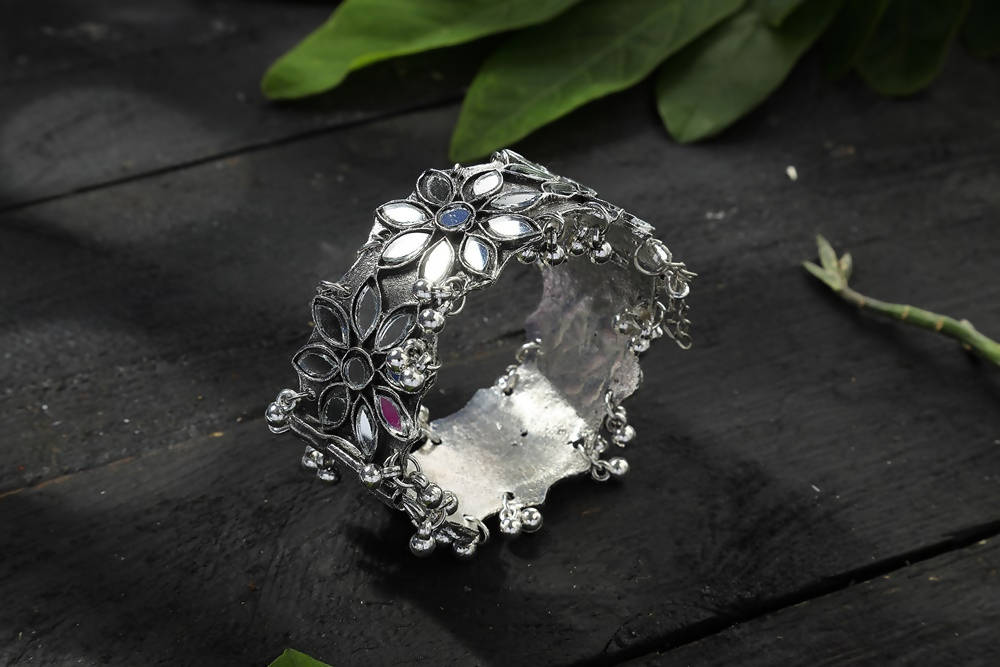 Kamal Johar Oxidised Silver-Plated Mirror Work Cuff Bracelet