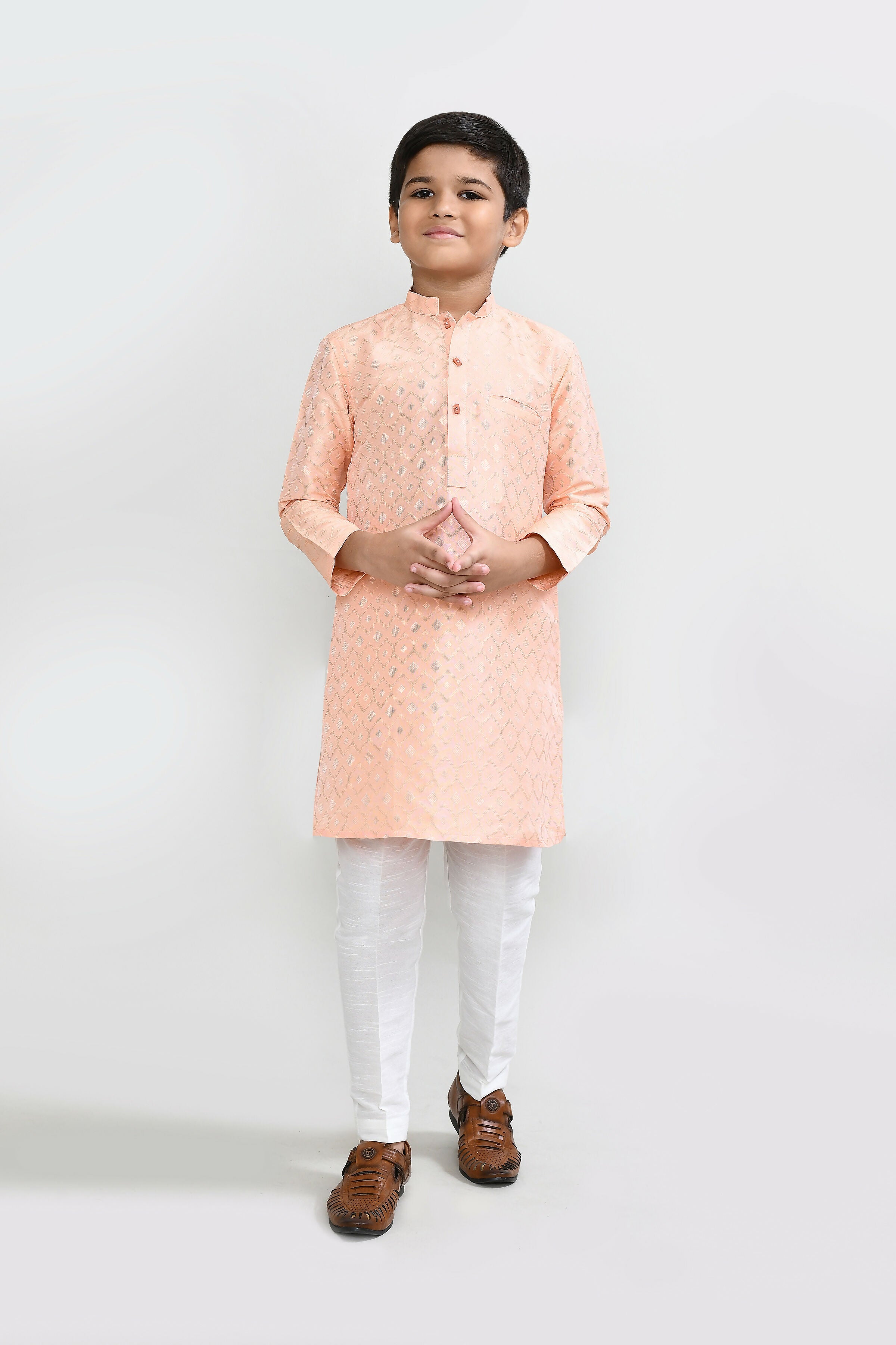 Peach Cotton Silk Kurta Set with White Straight Fit Pants