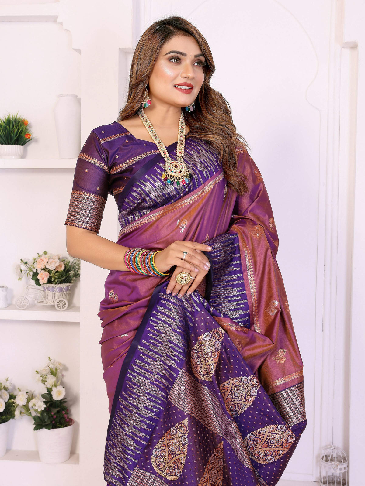 Purple South Soft Silk Saree with Elegant Zari Weaving Work