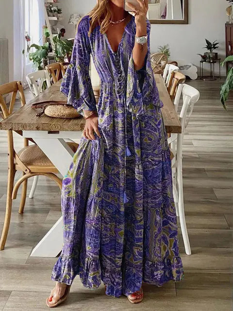 Women's Bohemian Floral Maxi Dress - V-Neck