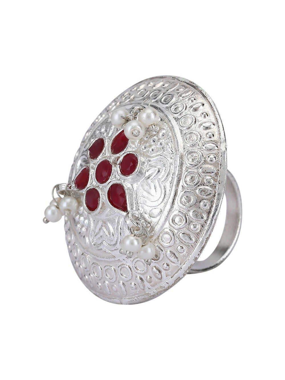 Red Stone Statement Ring in Silver Tone Handcrafted Jewelry