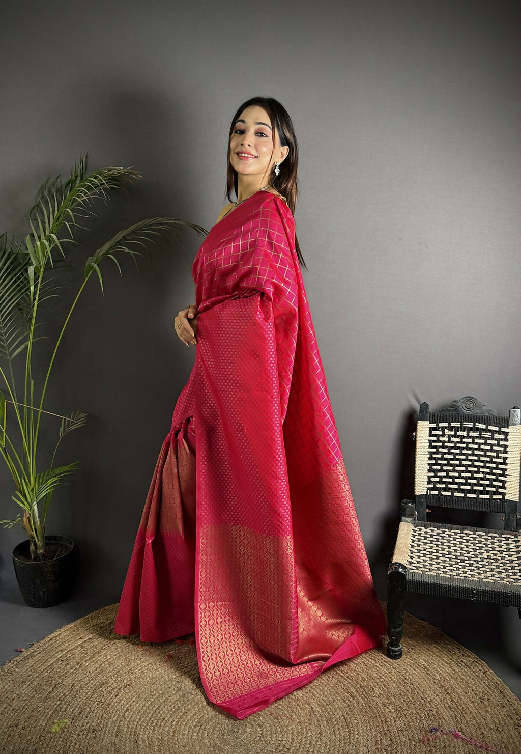 Hot Pink Banarasi Soft Lichi Silk Saree with Woven Checks