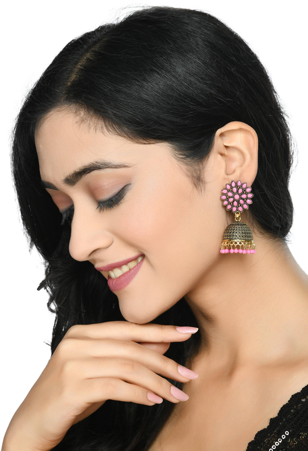 Baby Pink Kundan Work Jhumka Earrings for Kids and Women