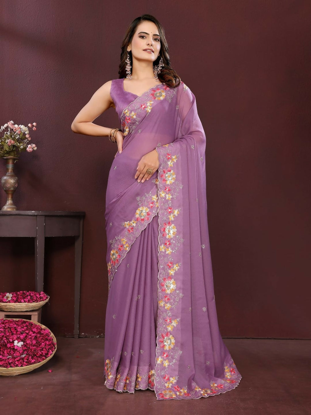 Light purple georgette party wear saree with delicate embroidery